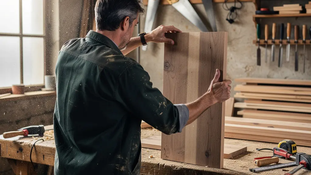 Artisan menuisier travaillant sur meuble sur-mesure dans atelier professionnel