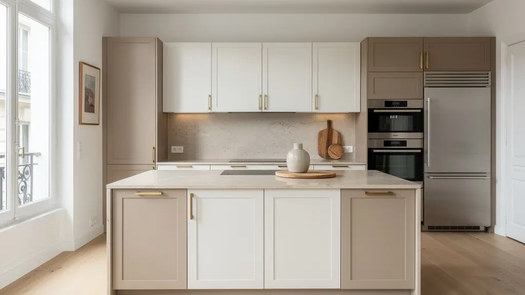 Cuisine ouverte sur-mesure avec îlot central et plan de travail pierre naturelle