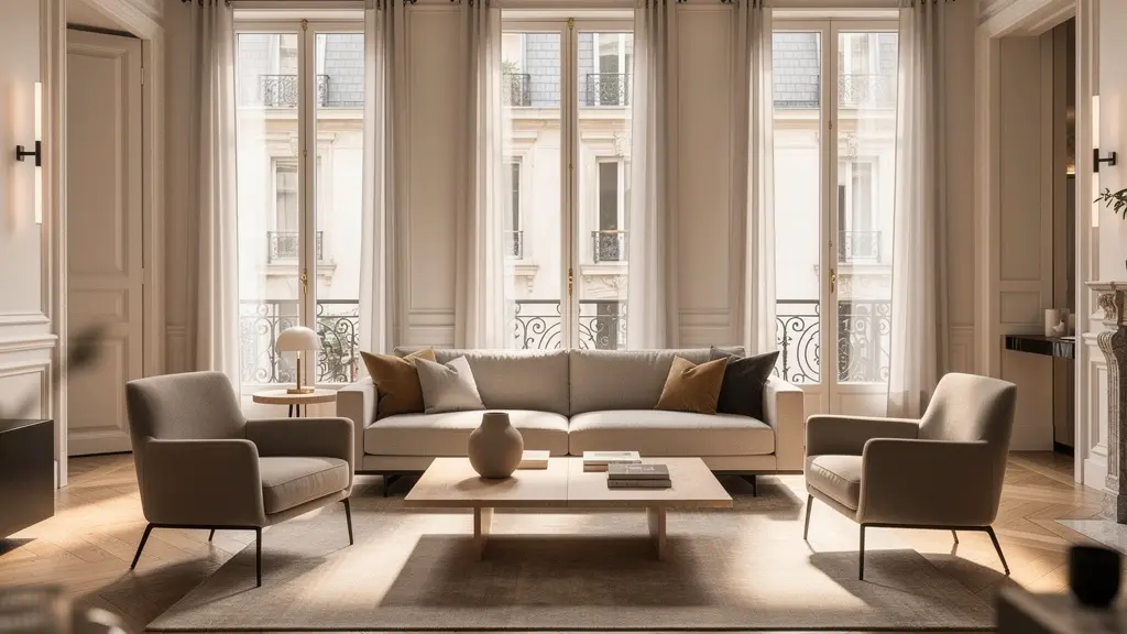 Intérieur appartement haussmannien rénové avec parquet point de Hongrie valorisation immobilière