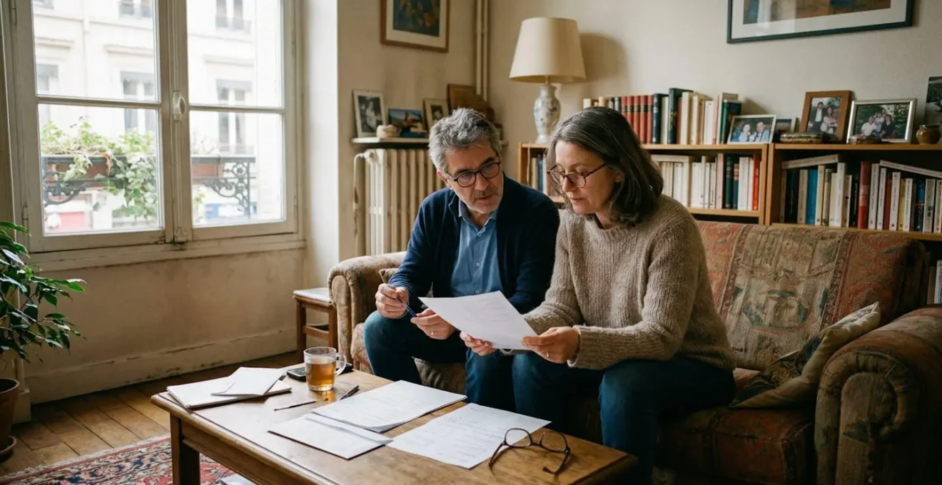 Un couple assis dans leur salon examine des documents immobiliers posés sur la table basse, expression concentrée, lumière naturelle de fenêtre