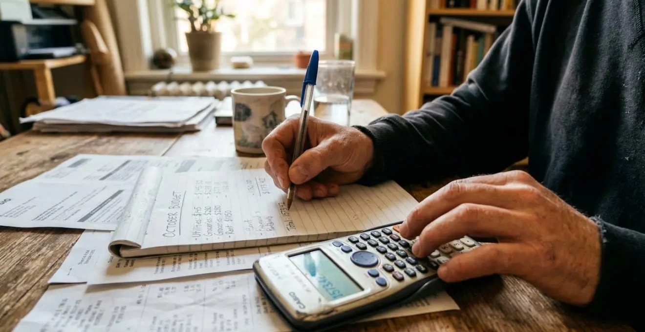 Mains d'une personne tenant une calculatrice et un stylo, posés sur des documents avec des chiffres, bureau à domicile éclairé naturellement