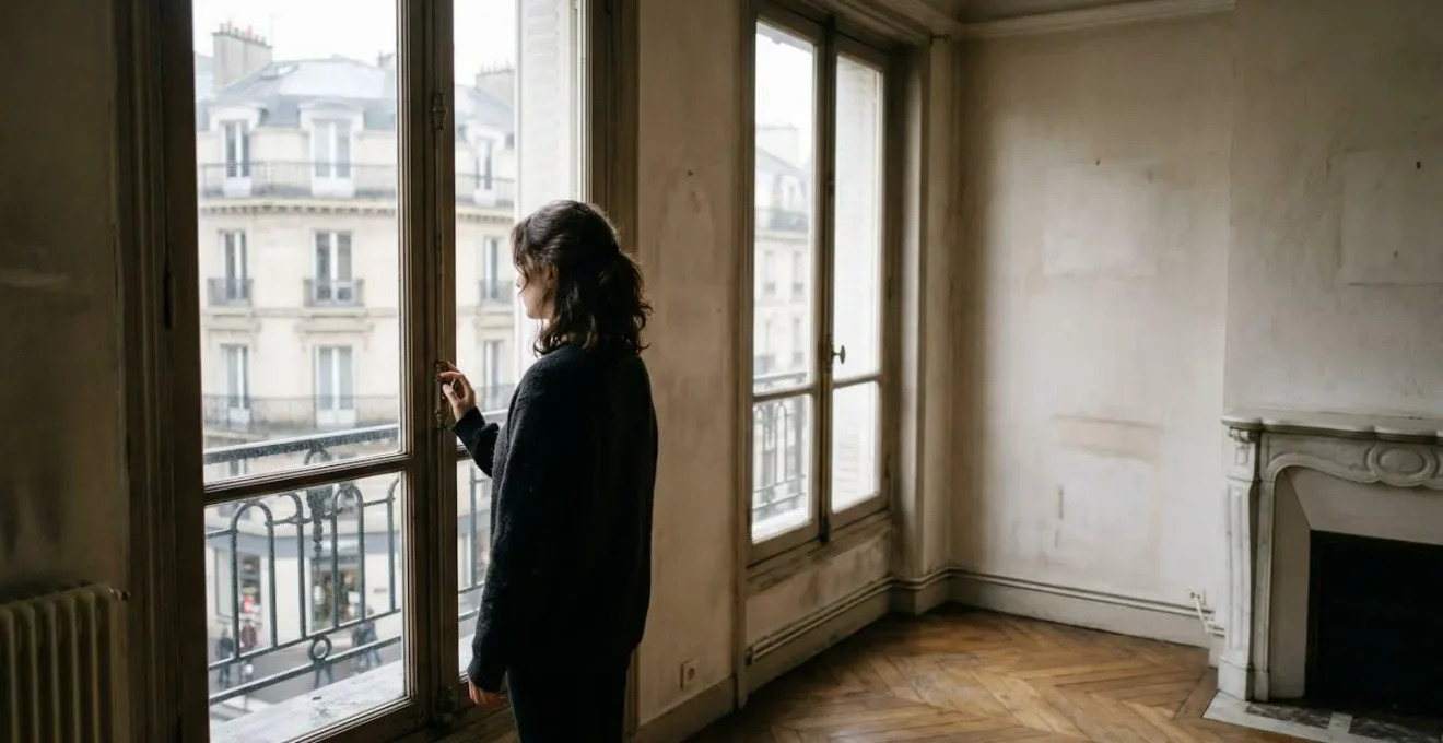 Personne seule vue de dos regardant par la fenêtre d'un appartement vide, lumière naturelle du jour