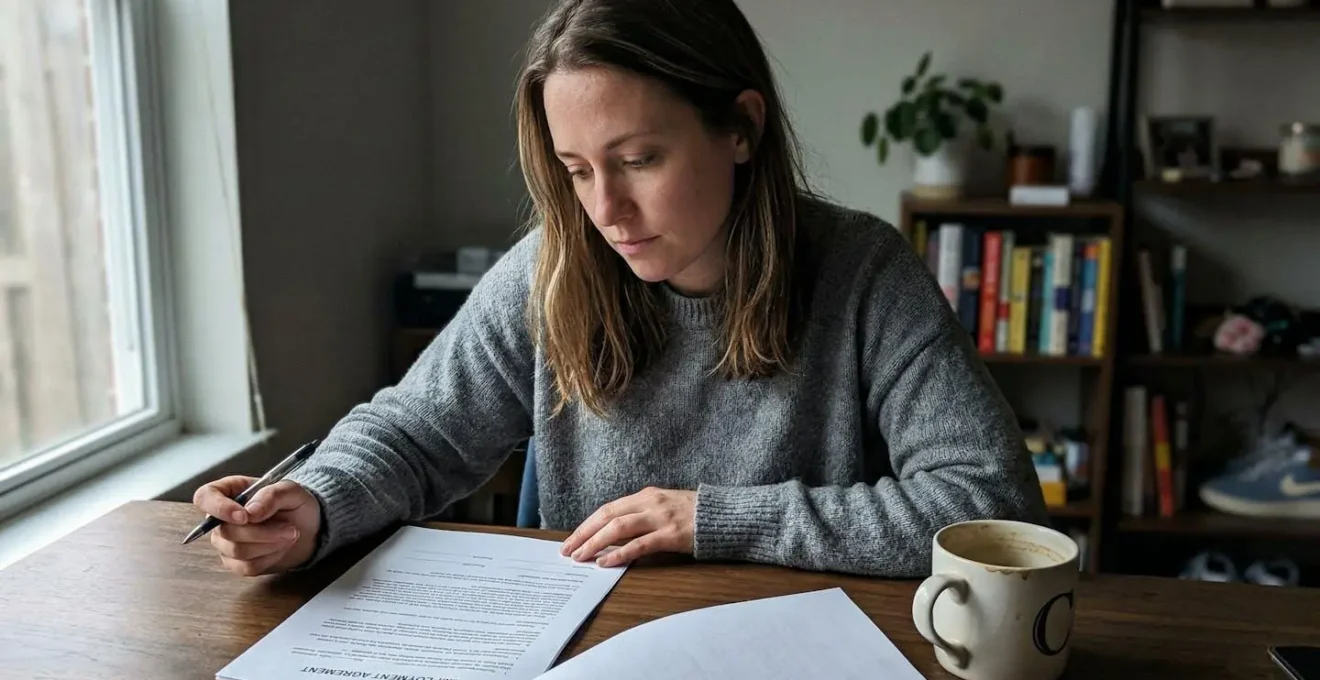 Une personne assise à un bureau consulte un document contractuel, tasse de café posée à côté, lumière naturelle de fenêtre