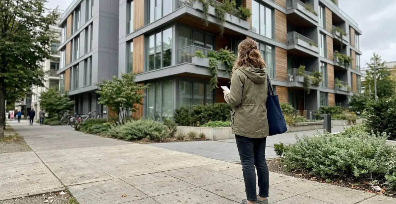 Une personne de dos regarde un bâtiment moderne de résidence de services avec espaces verts, depuis un trottoir, temps légèrement couvert