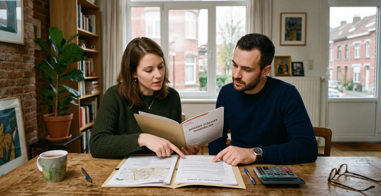 Un couple examine ensemble des documents d'achat immobilier à la table du salon.