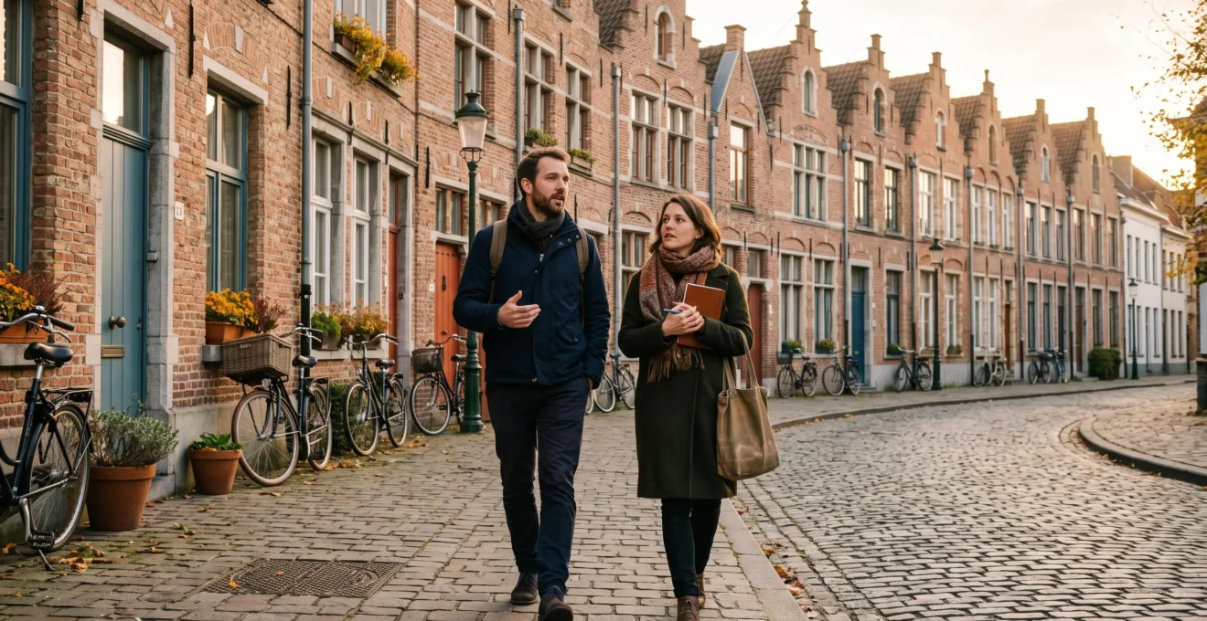 Un couple discute en marchant dans une rue résidentielle belge.