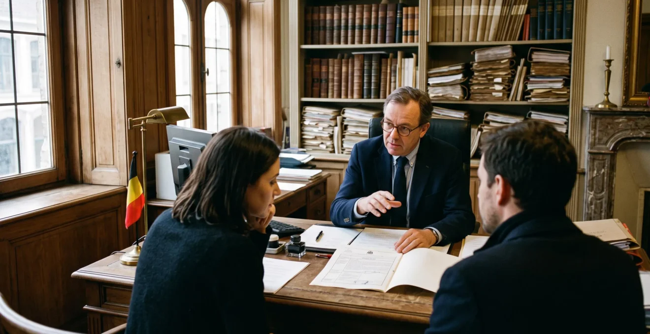 Un notaire explique un acte de propriété à un couple dans son étude.